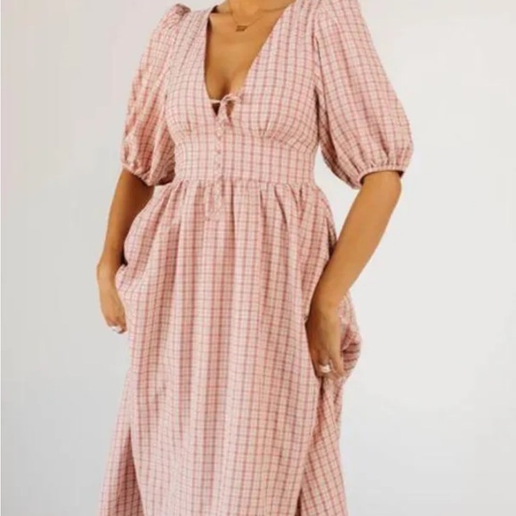 Pink and White Midi Sundress with Puff Sleeves and V-Neck - Picture 1 of 4